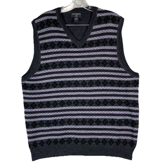 Banana Republic Men L Sweater Vest Merino Wool Argyle Stripe Gray Purple V Neck - Picture 1 of 8